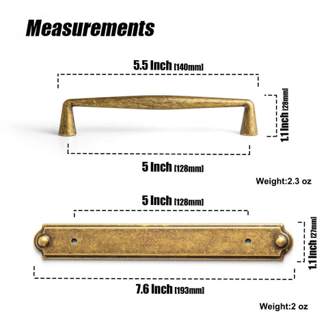 Measurements of Antique Brass Zinc Alloy Cabinet Handle With Backplate 5 Inch Center To Center 128mm Hole Cabinet Pull
