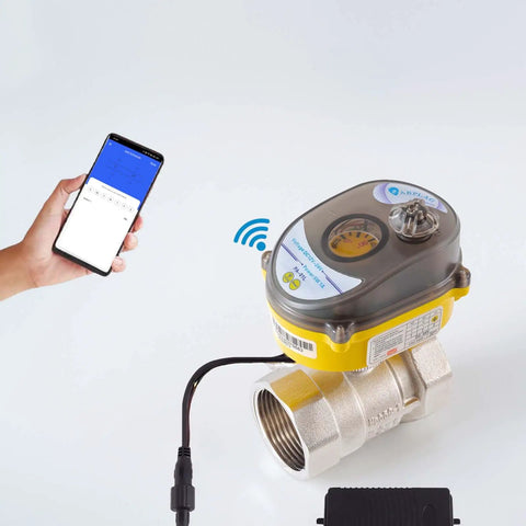 Smart WiFi Ball Valve With 1 1/4 Inch Full Bore Tuya App Remote Water Shut Off Valve 24V AC Or 110V 230V Power Adapter shown in use