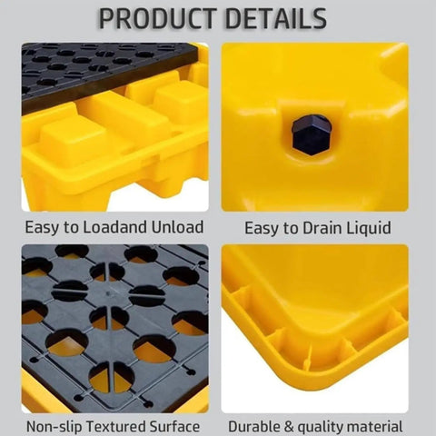 Product details of Straight Up Heavy Duty Modular Spill Containment Berm Platform With Ventilated Nonslip Grating showing easy loading, draining, and textured non-slip surface.