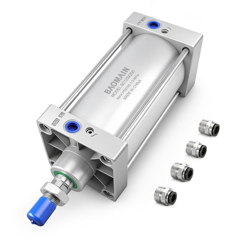Pneumatic Air Cylinder SC 125 x 200 Double Acting With Single Rod 4.92 Inch Bore And 7.87 Inch Stroke M27x2 Threaded Rod PT 1/2 Port Includes 4 Push In Fittings