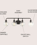 Oil Rubbed Bronze Farmhouse 36 Inch LED Vanity Wall Sconce With Clear Seeded Glass Shade, labeled features and bulbs included