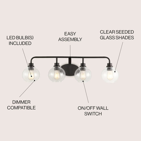 Oil Rubbed Bronze Farmhouse 36 Inch LED Vanity Wall Sconce With Clear Seeded Glass Shade, labeled features and bulbs included