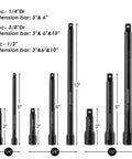 Heavy Duty Drive Tool Accessory Set With CR-V Steel And Black Phosphate Finish Includes Socket Adapters Extension Bars Universal Joints And Impact Coupler For Professional Socket Accessories 18 Piece Kit, showing various extension bars in different sizes.