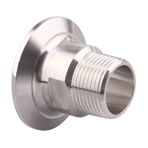 Side view of stainless steel sanitary tri-clamp to 3/4" male tri-clover adapter, 1.5" size