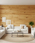 Living room featuring Top Shelf Golden Oak Reactive Wood Stain finish on wood wall and furniture, cozy white sofas, and décor.