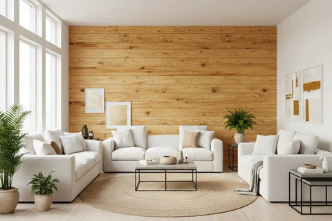 Living room featuring Top Shelf Golden Oak Reactive Wood Stain finish on wood wall and furniture, cozy white sofas, and décor.