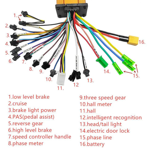 Wiring diagram for Universal BLDC Brushless Controller For Electric Bikes And E Scooters 24V To 60V 250W Or 350W 10A 15A Or 20A