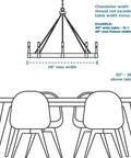 Diagram showing dimensions and placement for 6-Light White Candle Traditional Chandelier With Polished Brass Finish above dining table.