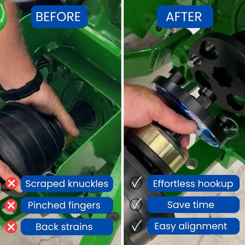 Before and after PTO connection with Built Tough PTO Quick Connect Quad Bundle For Tractors 35 To 130 HP Fast Attach.