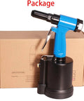 Lightweight Pneumatic Air Rivet Gun Kit With Interchangeable Rivet Heads shown against packaging box
