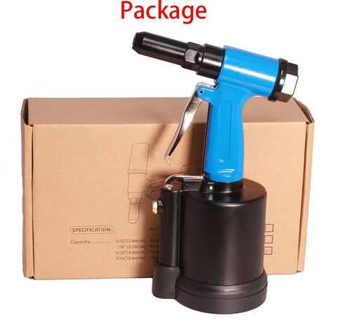 Lightweight Pneumatic Air Rivet Gun Kit With Interchangeable Rivet Heads shown against packaging box
