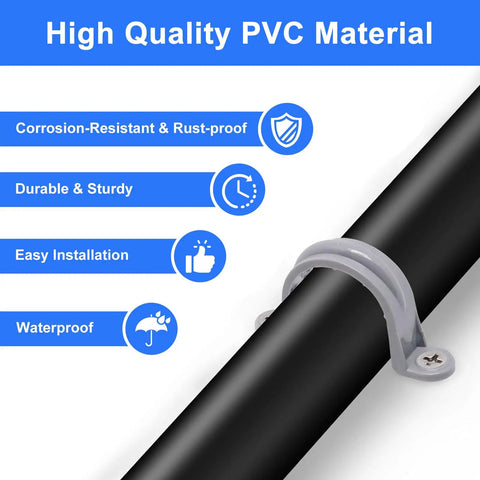 High quality one inch PVC material conduit clamp securely holding a black pipe, showcasing durability and easy installation features.