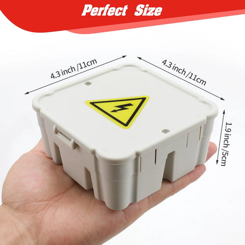 Person holding an open splice junction box 4.3x4.3x1.9 inch, durable plastic, lightning warning. Open Splice Junction Box 4 Pack Quick Fix For Open Splices Easy 5 Second Installation Splice Box Electrical Wire Junction Box For Home DIY Wiring Durable Plastic Construction For Quick Clean Wire Splices In Any Box.