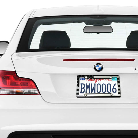 Car rear with American Flag Aluminum License Plate Frame with Anti Rattle Foam Pad and Screws for Cars and Trucks