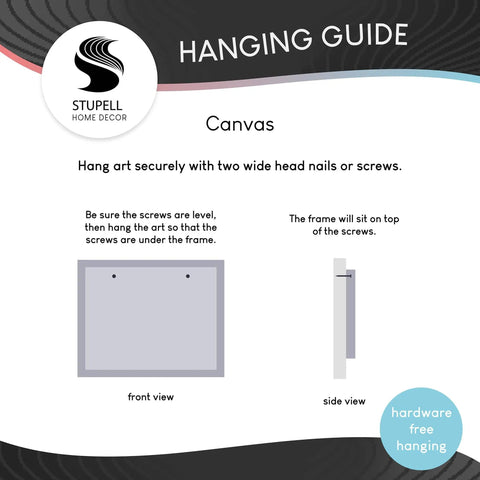 Hanging guide for canvas art showing front and side views, secure with nails or screws, wall art by Stupell Home Decor.