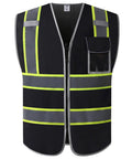 Solid Heavy Duty High Visibility Reflective Safety Vest For Men And Women Ansi Grade Compliant Unisex Mesh Workwear For Construction Road Sites Black Extra Large with zip closure and pockets.