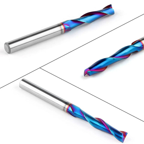 5-Piece Upcut Spiral Router Bit Set 1 Quarter Inch Shank, 1 Quarter Inch Cutting Diameter, 3 Inch Overall Length, Solid Carbide with Nano Blue Coating for Wood Cutting and Carving on CNC Routers