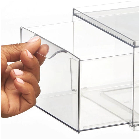 Close-up of a hand pulling out a drawer from Stackable Storage Box With 2 Pull Out Drawers Clear Plastic Bin For Closet Organization Linen Coat Bedroom Or Entryway Storage Space Saving Durable Translucent Organizer Lumiere Collection 2 Pack