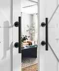 Two Pack Sliding Barn Door Handle Set, 12 Inch Heavy Duty Pull And Flush Hardware, Black Rustic Round Two Sided Design on doors