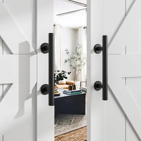 Two Pack Sliding Barn Door Handle Set, 12 Inch Heavy Duty Pull And Flush Hardware, Black Rustic Round Two Sided Design on doors