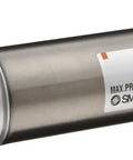 Stainless Steel Round Body Pneumatic Air Cylinder Double Acting With Rear Pivot Mount Rubber Cushion Beefed Up Heavy Duty Three Quarter Inch Bore Three Inch Stroke One Eighth Inch NPT Not Switch Ready, side view