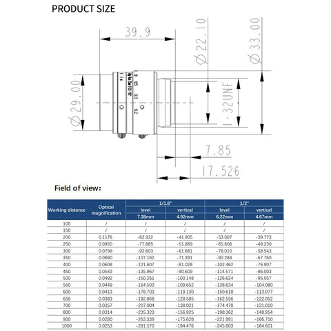 Technical diagram showing dimensions of 25mm Focal Length Machine Vision Lens For Industrial Cameras C Mount Low Distortion 6MP One Over One Point Eight Inch Sensor HT2528C6MP with field of view chart.