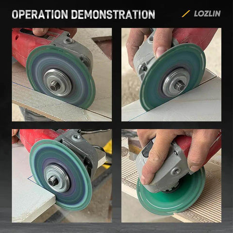 Operation demonstration of Ultra Thin 4.5 Inch Diamond Cutoff Wheel for angle grinder cutting ceramic tile and stone.