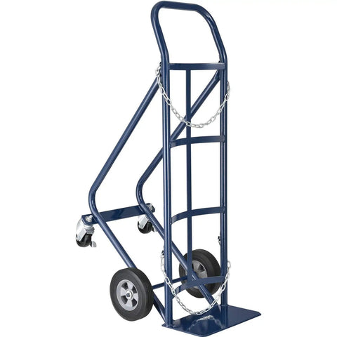 Tilt Back Cylinder Hand Truck With Curved Handle Built For Heavy Lifting And Tough Jobs, 800 Pound Capacity, 47 Inch Tall, steel frame in blue