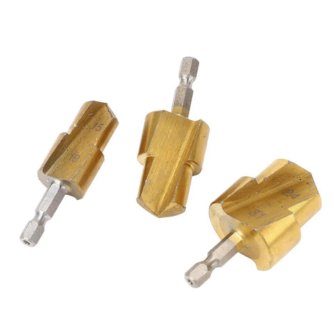 Premium High Carbon Steel Step Drill Bits For PVC And PPR Pipes With Hex Shank 3 Piece Reamer Set Includes Sizes 19mm 24mm And 31mm Perfect Expander Kit. Three brass step reamer bits with hex shanks, sizes 19mm, 24mm, 31mm