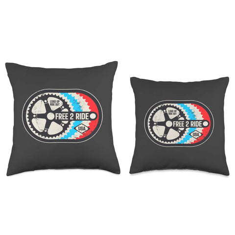 4th Of July Bicycle Throw Pillow For Bikepacking Enthusiasts with distressed flag print and Free 2 Ride gear style on black cushion