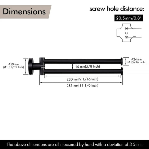 Dimensions of Swivel Towel Bar 9 Inch Two Arm Wall Mount Towel Rack, No Fuss Space Saving Stainless Steel Holder With Brushed Finish