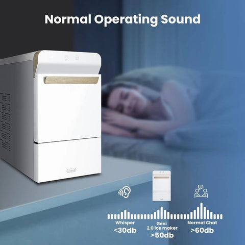 V2.0 Nugget Ice Maker Delivers Chewable Pebble Ice Fast with quiet operation, shown on a countertop beside sleeping person