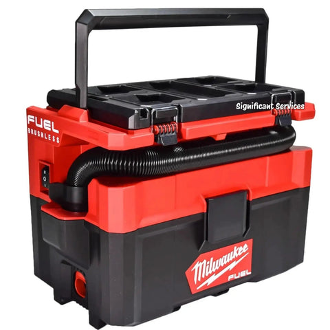 Heavy Duty 2.5 Gallon Cordless Wet And Dry Shop Vacuum Delivering 87 DB Whisper Quiet Runtime And Badass Suction For Fast Debris Clearing On Any Job Site in red and black with detachable hose.