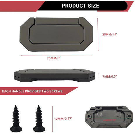 Six Pack Recessed Drawer Pulls Trap Door Pull For Cabinets And Closets shown with size details and included screws