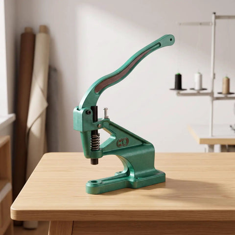 Heavy Duty Cast Iron Manual Press Machine Featuring Smooth Spring Return Arbor Press for DIY crafting in green color on wooden table.