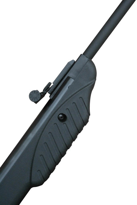 Close-up of the black stock and fiber optic sight on the Youth Break Barrel.177 Cal Pellet Gun Air Rifle With Spring-Piston Power.