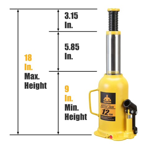 Beefy 12 Ton Hydraulic Bottle Jack With Pump Handle Portable Car Jack For Cars And SUVs 24,000 Lbs Capacity Lift Range 8.94 To 17.99 Inches Adjustable Screw Top Extension Yellow