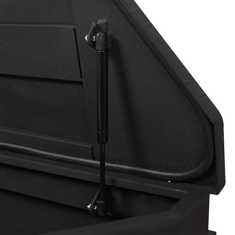 Heavy Duty Workhorse 46 Inch Trailer Tongue Tool Box Solid Steel Storage Chest interior view with shock arms for easy access.
