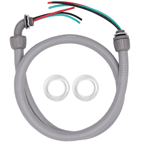4-Foot Half Inch Electrical AC Whip Kit With Durable Nylon Liquid Tight Flexible Conduit, 10-Gauge Wires, Fittings Visible