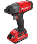 Red and black 20V Cordless Impact Driver Kit With One Quarter Inch Quick Release Chuck, 1,460 In Lbs Torque, powerful tool design.