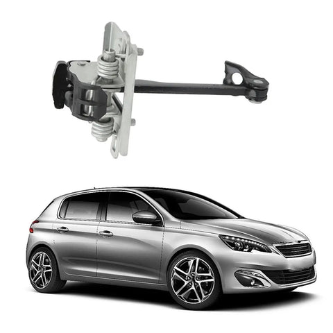 Peugeot 3008 Door Check Strap Front Left Right Set with damped soft close mechanism on a metal background with car shown