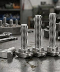 Top Shelf 20-Piece M5 T-Nuts And Bolts Assortment Kit For Aluminum Profiles featuring four nickel coated flange bolts on a workbench.