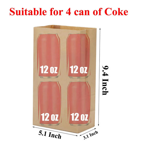 Brown Kraft Paper Grocery Bags 40 Count With Square Bottom And 4 Lb Capacity For Grab And Go Lunches Takeout DIY Decor Eco Friendly Undecorated Bags For Decorating And Storing, displaying size and four soda cans fitting.