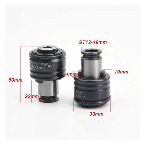 Rock Solid Manual Tapping Machine Nine Piece Vertical Thread Holder Dead Nuts Accurate Adjustable Depth Lock No Hassle Imperial Tap Chuck Kit Tuned For Smooth Precision Tapping Work with two tap chucks showing dimensions.