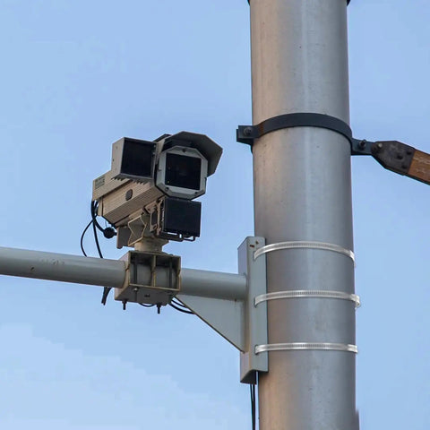 No Drill Beefy Sign Mounting Brackets For Large Poles With Adjustable Street Sign Hardware And Pole Clamps installed with camera