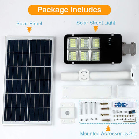 Package of solar panel, 6000W Solar Street Light Outdoor Dusk To Dawn Security Flood Light With Remote Control Pole Mount.