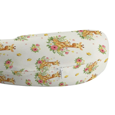 Close-up of Women's Memory Foam U Shaped Neck Pillow with cute giraffe and flower pattern, showing zippered removable cover