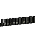 3/8 In Drive Semi-Deep Impact Sockets Set SAE 5/16 To 1 In 12 Piece Built Tough With Premium Chrome Molybdenum Steel, displayed in a row
