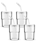 Real Deal Double Wall Glass Tumbler 13 Oz Heat Insulated Water Cup With Built Tough Glass Straw And Secure Lid For Keeping Drinks Ice Cold Or Steaming Hot Straight Fire Quality White Four Pack displayed on a white background.