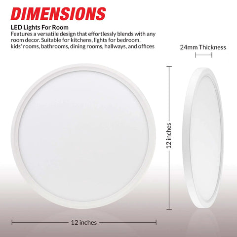 Dimensions of LED Flush Mount Ceiling Light 12 Inch Round Five Color Temperatures Low Profile 2000 Lumen 120 Volt No Buzz Flicker